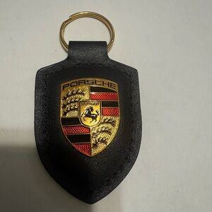 Porsche Black Leather Keychain with Gold Emblem